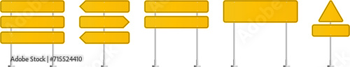 Road traffic signs set. Direction arrow, information board. Attention traffic signs mockup. Blank board with place for text. Isolated Vector illustration.