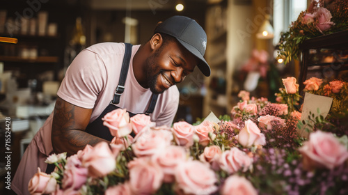 Portrait of a happy shopkeeper is smiling while making bouquet of flowers at his florist