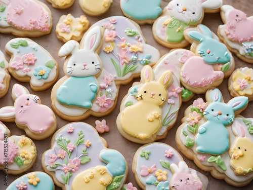 Easter cookies in the shape of Easter bunnies in pastel colors
