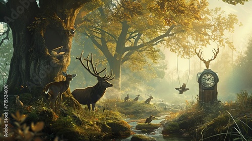 Timekeepers of the Forest: A Fantasy Illustration of Animals with a Unique Perception of Time photo