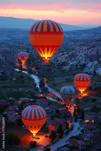 Heißluftballons in der Abenddämmerung in Kappadokien