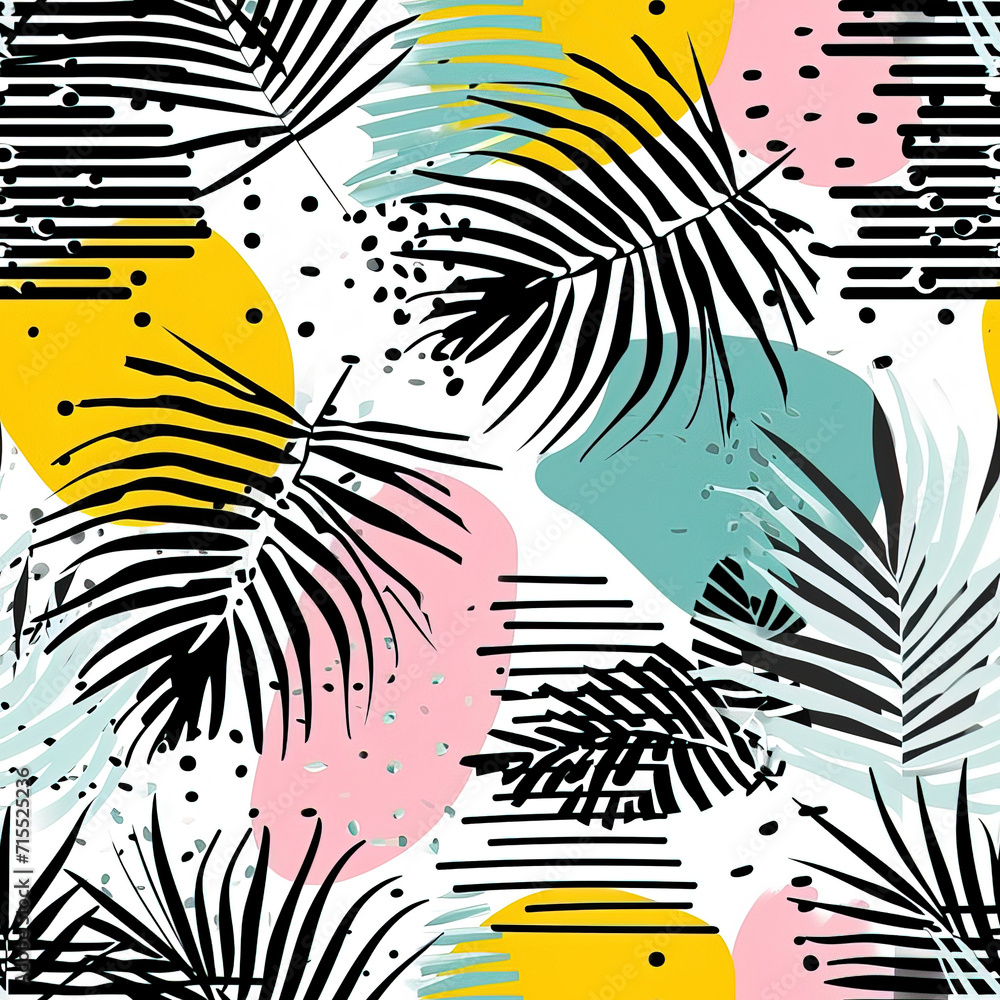 Fototapeta premium Tropical leaf retro polka dot exotic plants repeat pattern, boho abstract