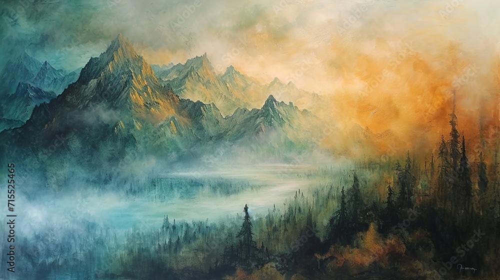 Misty morning in the mountains, landscape, art on canvas