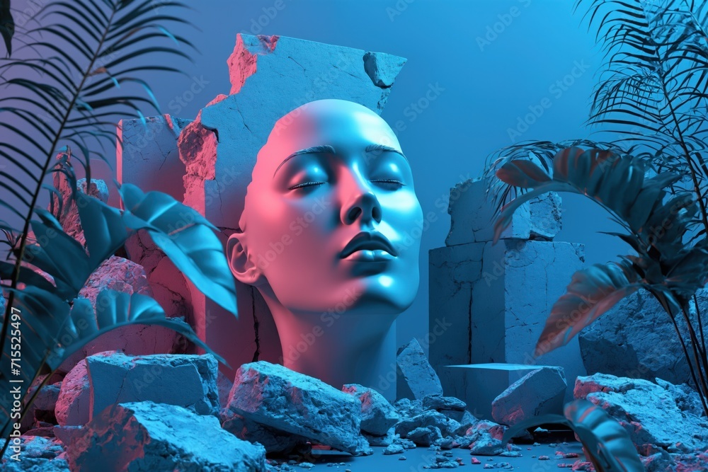 Surreal composition in neon light, female head statue with tropical leaves, pieces of concrete and stones