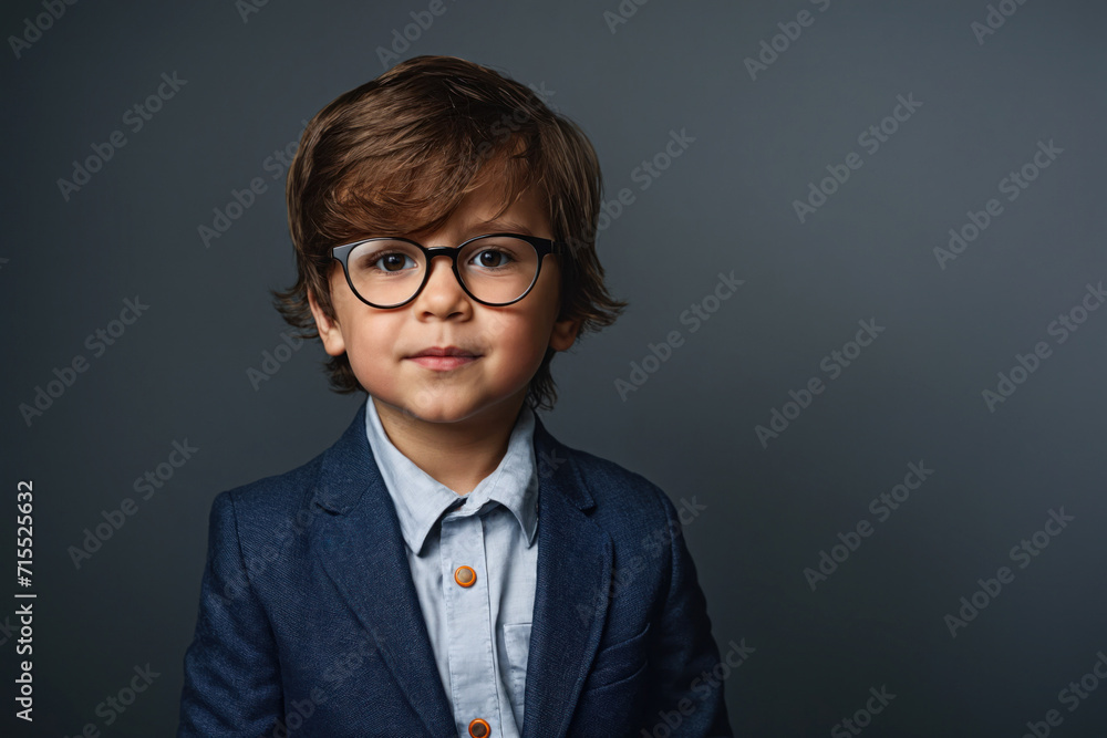 Smart child in glasses and suit on gray background