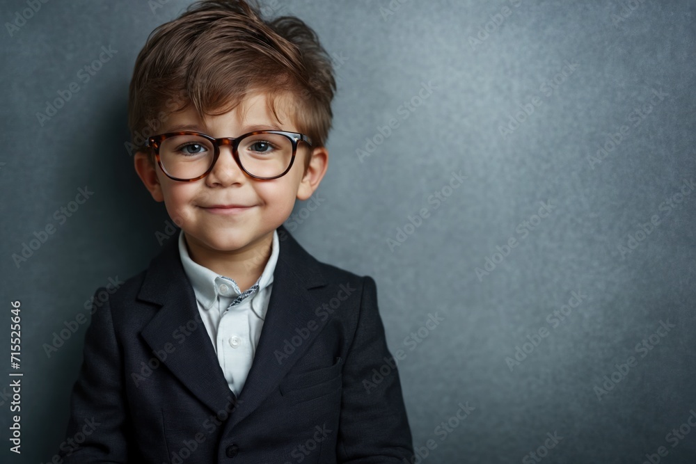 Smart child in glasses and suit on gray background Smart child in glasses and suit on gray background