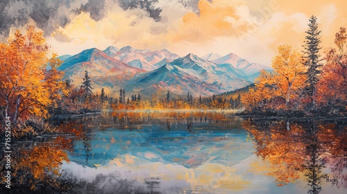 Lake in the mountains  art on canvas  painting