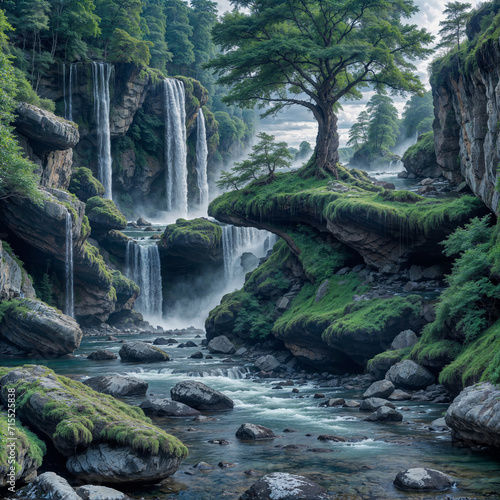 Idyllic fantasy forest landscape in spring of high rocky cliffs and multiple cascading waterfalls  misty river water flowing over moss covered rocks and boulders  old tree growing on the edge. 