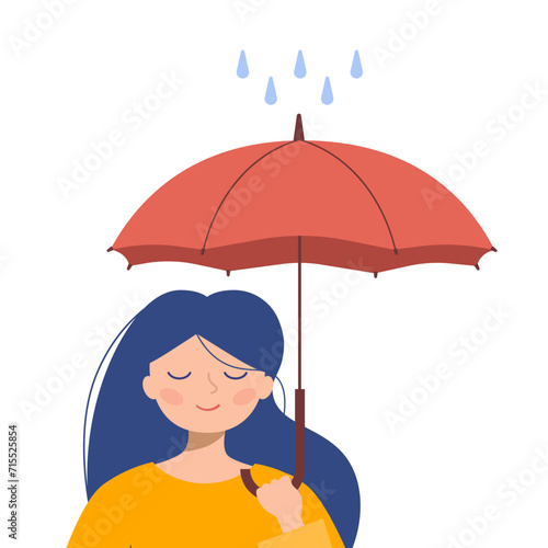 Portrait of a calm girl holding an umbrella and standing in the rain isolated on a white background. Mental health concept. Vector illustration in flat style. A calm character.