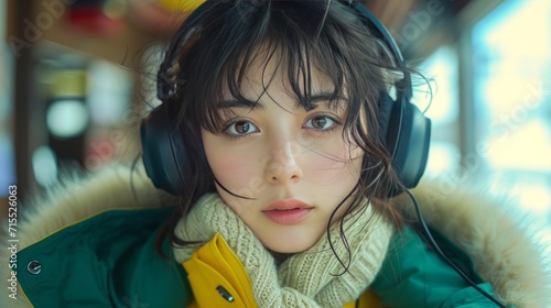 Close up portrait of a beautiful girl with headphones listening to music.. Generative Ai.  © zorandim75