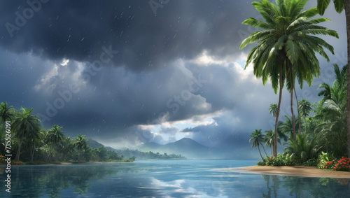 Monsoon wet season on tropical Island. Climate change and natural phenomenon concept.