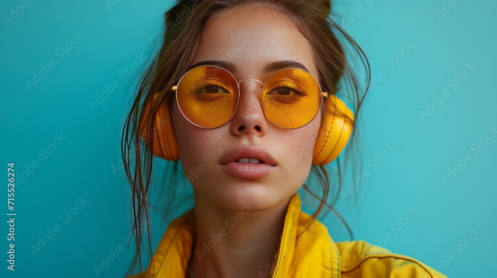 Portrait of a beautiful young girl in yellow sunglasses and headphones. Generative Ai. Portrait of a beautiful young girl in yellow sunglasses and headphones. Generative Ai.