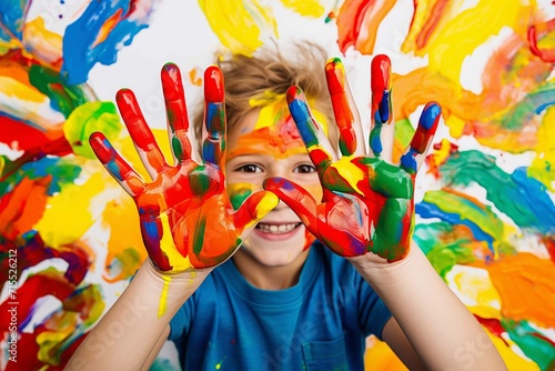 Child showing colourful painted hands, in the style of bright colors, bold shapes, letras y figuras, smilecore, capturing moments, colorist, bright glazes, quantumpunk, white background