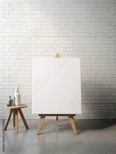 White canvas for mockup in a minimalist interior room with a Blurred brick wall in the background