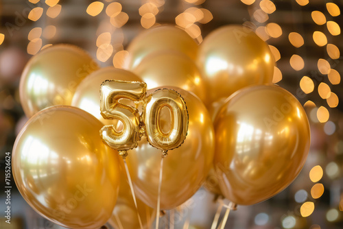 Happy 50th birthday. Gold helium 50 birthday balloons at a celebration event