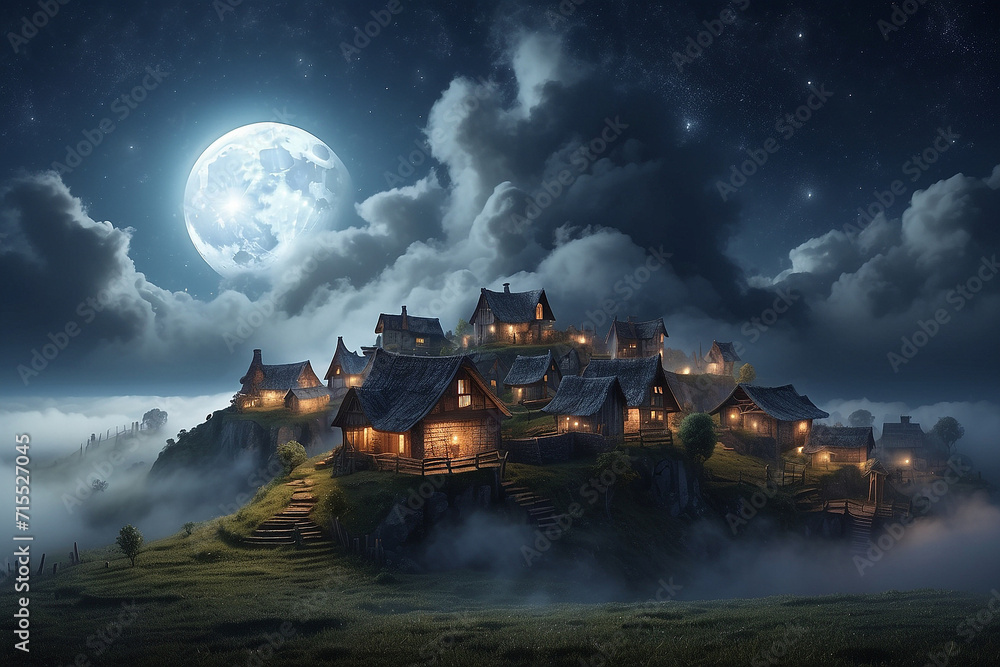 Fototapeta premium village at night with moonlight