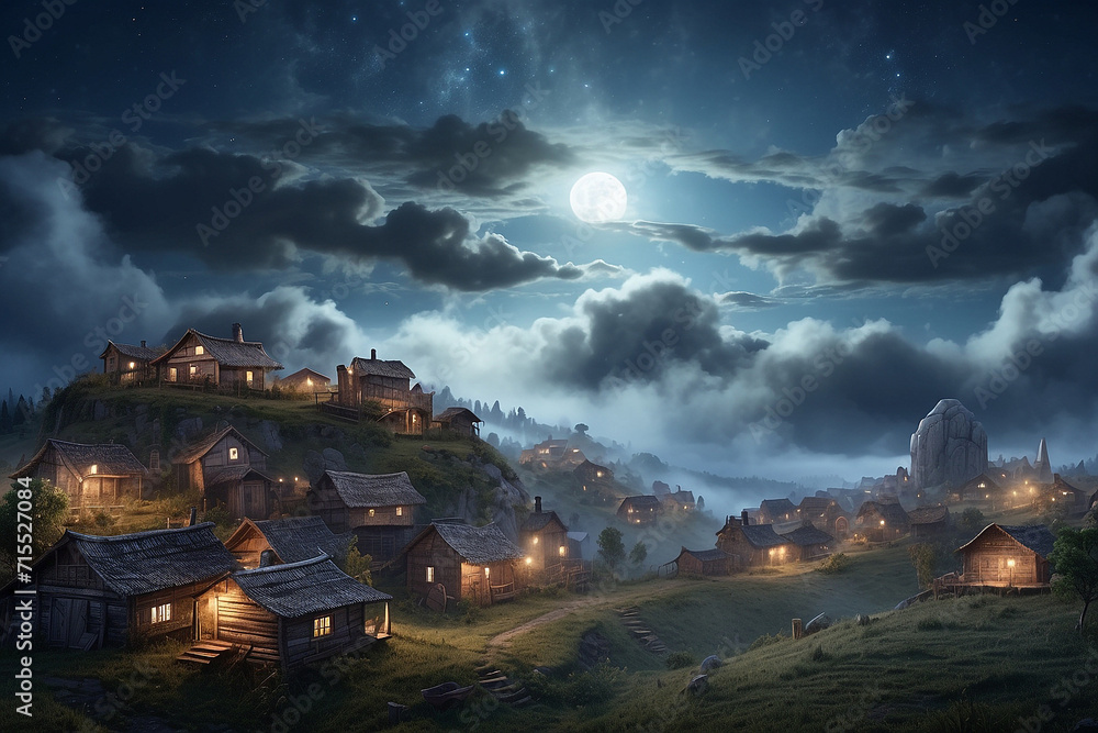 Fototapeta premium village at night with moonlight