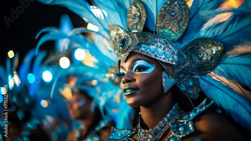 Just have fun with it. Cropped portrait of a beautiful samba dancer performing in a carnival with her band. © alexkich