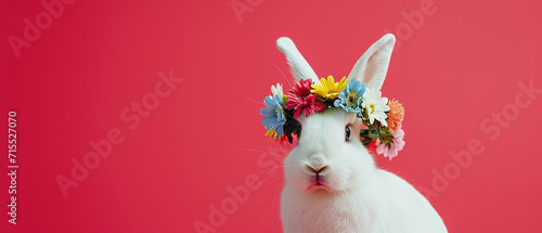 a easter rabbit with flower crown, on empty background, with empty copy space, happy easter
