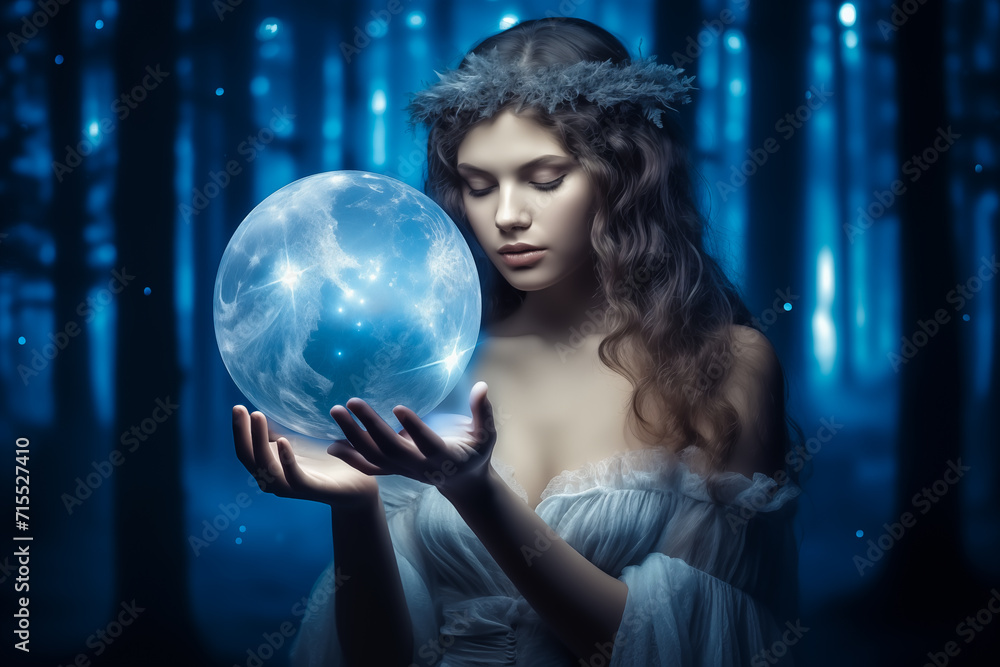 Naklejka premium Beautiful girl on a night with a magic ball. Astrology and Zodiac Concept. Generative Ai.