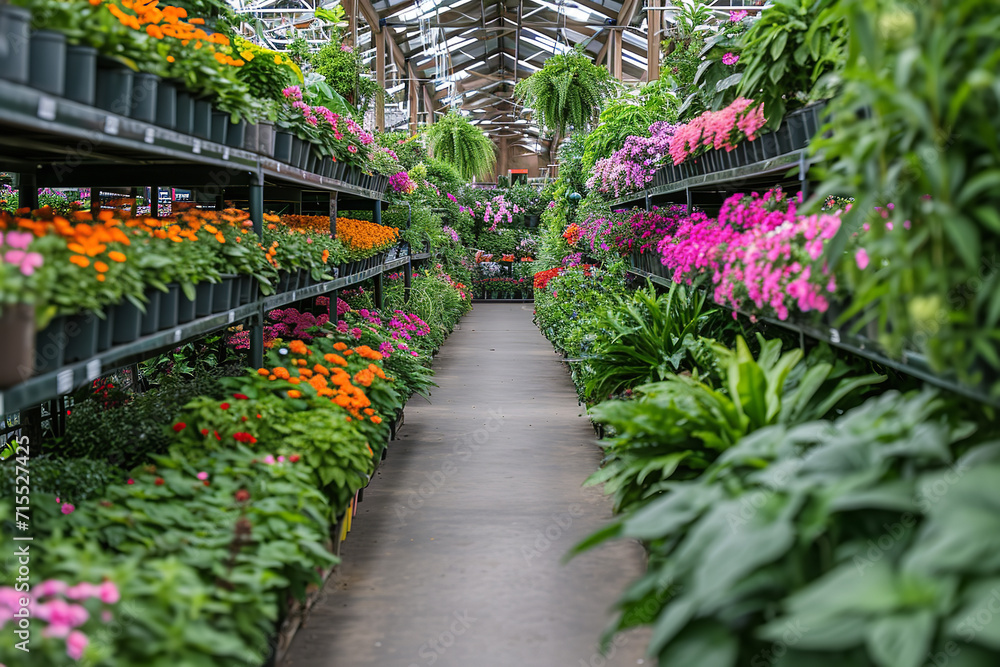 A plant and flower aisle in a garden center - brimming with greenery and blooms - a perfect spot for gardening enthusiasts to explore nature's beauty.
