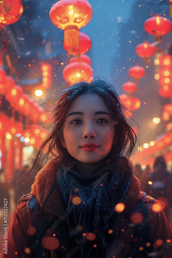 Asian woman in the city, Chinese New Year concept. cartoon style