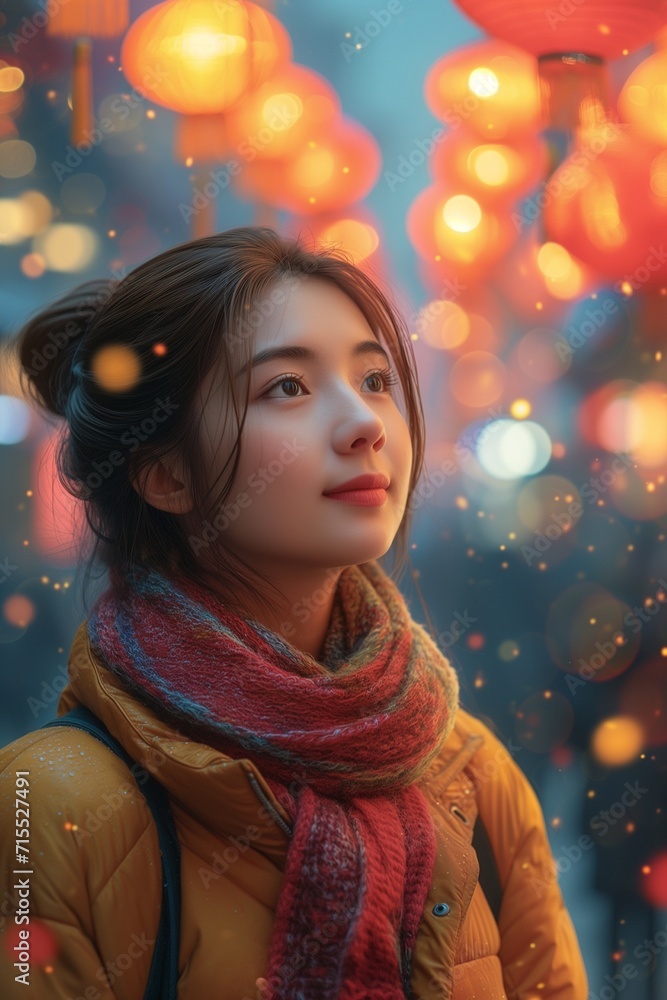 Asian woman in the city, Chinese New Year concept. cartoon style Asian woman in the city, Chinese New Year concept. cartoon style