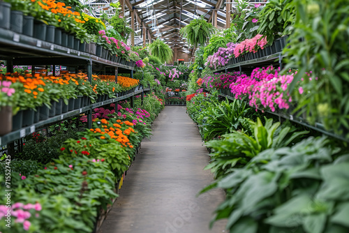 A plant and flower aisle in a garden center - brimming with greenery and blooms - a perfect spot for gardening enthusiasts to explore nature's beauty.