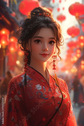 Asian woman in the city, Chinese New Year concept. cartoon style
