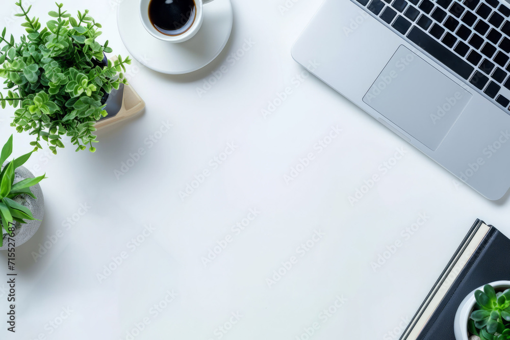 Flat lay with a laptop, home plant and a cup of coffee on a white background with a copy space. Modern workplace view from above. AI generative Flat lay with a laptop, home plant and a cup of coffee on a white background with a copy space. Modern workplace view from above. AI generative