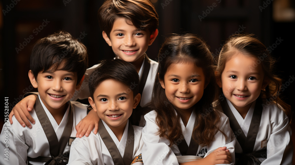 young, beautiful, successful multi ethical kids in karate position