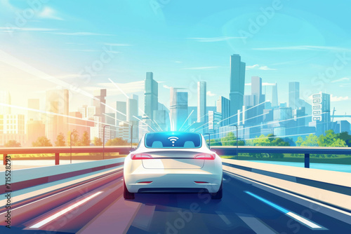 Vector illustration of smart autonomous driverless electric car driving on highway to downtown.  © imlane