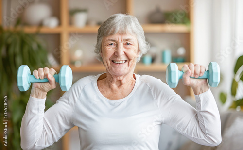 Portrait of happy senior woman doing fitness exercise with dumbbells at home. Healthy Lifestyle. Concept of older women exercising at home. 