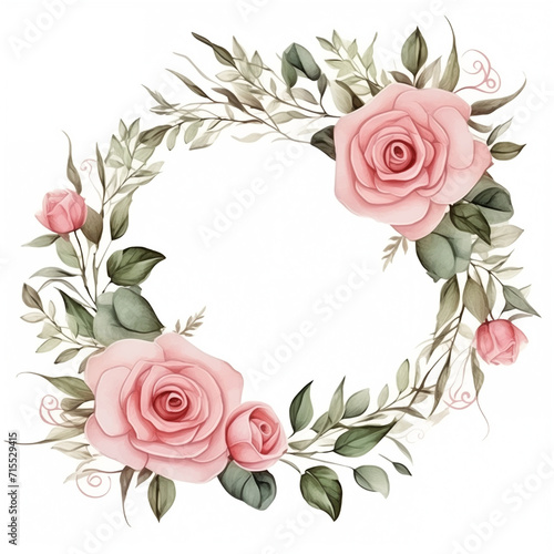 watercolor pink roses and leaves circle frame illustration
