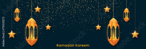 Ramadan Kareem banner design. Islamic celebration background with golden lanterns, star ornaments Vector illustration