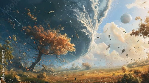 Whirlwind Harvest: A Parallel Universe Illustration of Winds Carrying Seeds and Spores Across Vast Distances, Contributing to Ecosystems with a Majestic Tree, Birds, and a Distant Planet in View photo