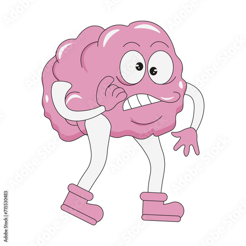 Cartoon brain character in trendy Rubber Hose style. Groovy confused brain isolated white background. Mental health emoticon. Vector illustration for  web medical design. Editable stroke EPS 10 