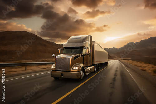 Semi trailer. Truck on the road, highway. Transports, logistics concept. 3d rendering. Truck with container on highway, cargo transportation concept. Shaving effect.