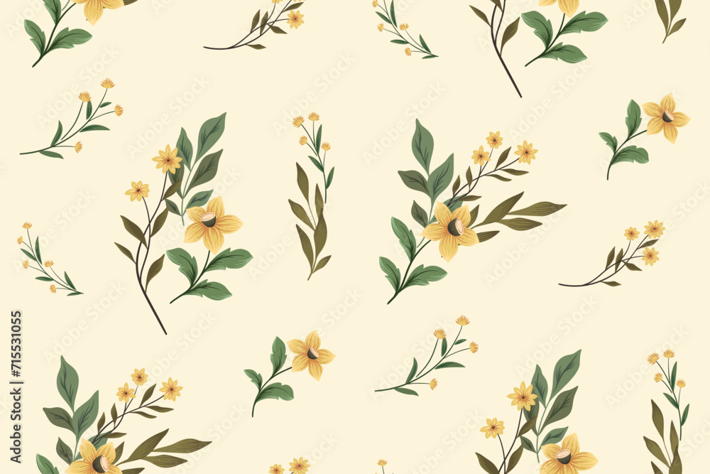 Seamless floral pattern, vintage flower print with watercolor wild flowers. Elegant botanical design: hand drawn flowers, leaves, herbs abstract on a light background. Vector wallpaper, textile. - obrazy, fototapety, plakaty 