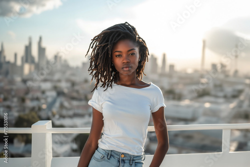 African American woman model with dreadlocks - white t-shirt mockup - blurred urban background photo