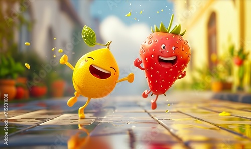 cute fruits characters a strawberry and a lemon, running on the street © Pekr