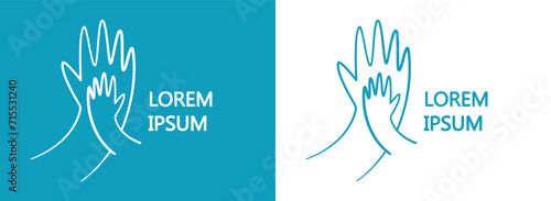 Touching childs and adult hands. Linear drawing of two touching palms. Concept of care, interaction, support, etc. Line art design element for logo, brand sign, emblem, other. Vector illustration.