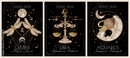 Vector illustration of zodiac signs card. Air signs: Gemini, Libra and Aquarius. Gold on a black background in engraving style