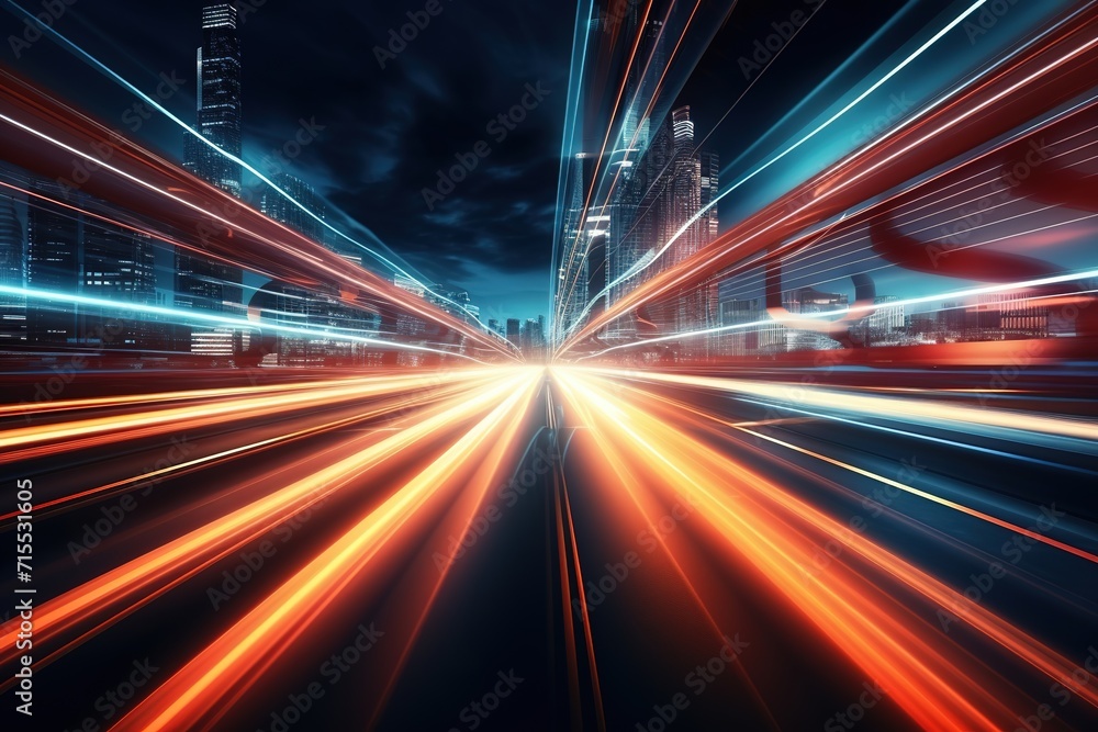 Fototapeta premium Abstract Motion Speed Light in City. Shining Glowing Urban Cityscape Lights
