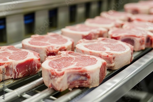 Pork chops at handling factory packaging plant raw organic