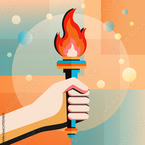 A burning torch in his hand against an abstract background with geometric figures. Symbol of victory, Olympic Games.