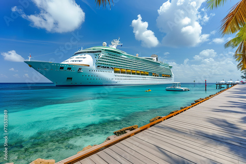 A cruise ship docking at an exotic port - with passengers disembarking for exciting excursions - set against a backdrop of luxury travel and picturesque coastal scenery. photo