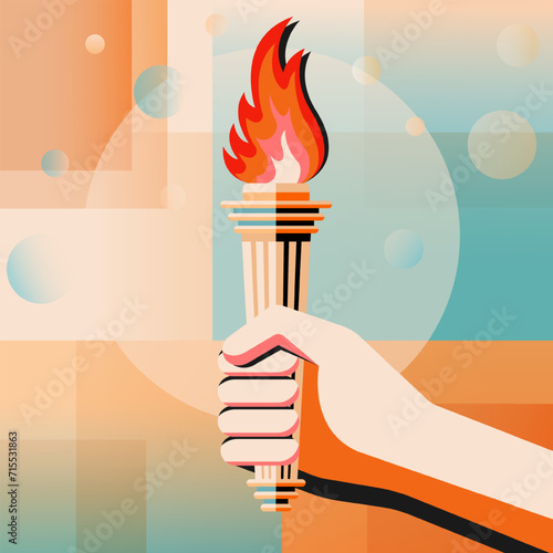 Burning torch in hand. Retro style illustration. Olympic Opening Symbol