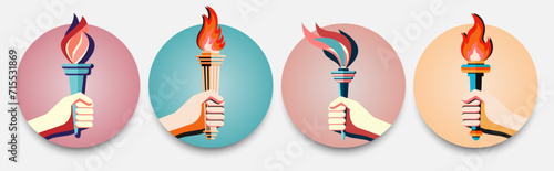 A set of emblems with a torch in hand.