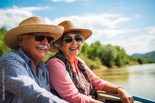 Retirees enjoying a luxury river cruise - leisurely traveling along scenic riverbanks - embracing retirement with cultural stops and relaxation.